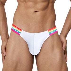 Фото - Мужские трусы танга ORLVS белые с яркой резинкой - Men box