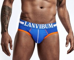 Фото - Мужские брифы бренда Lanvibum синие с оранжевой окантовкой - Men box