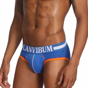 Фото - Мужские брифы бренда Lanvibum синие с оранжевой окантовкой - Men box