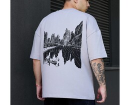 Фото - Сіра футболка з чорним принтом Staff lake & logo oversize - Men box