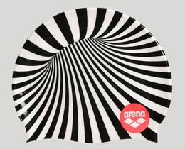 Фото - Черно-белая полосатая шапочка для плавания Arena PRINT 2 силиконовая - Men box