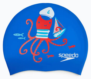 Фото - Силіконова дитяча шапочка для плавання Speedo SLOGAN PRT CAP синьо-червона - Men box