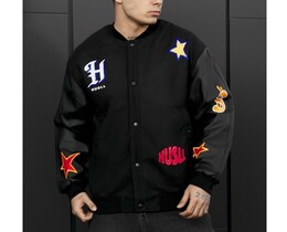 Фото - Чоловічий чорний бомбер Staff x Husll tiger на ґудзиках - Men box