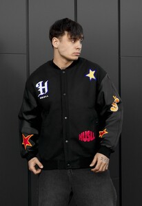 Фото - Чоловічий чорний бомбер Staff x Husll tiger на ґудзиках - Men box